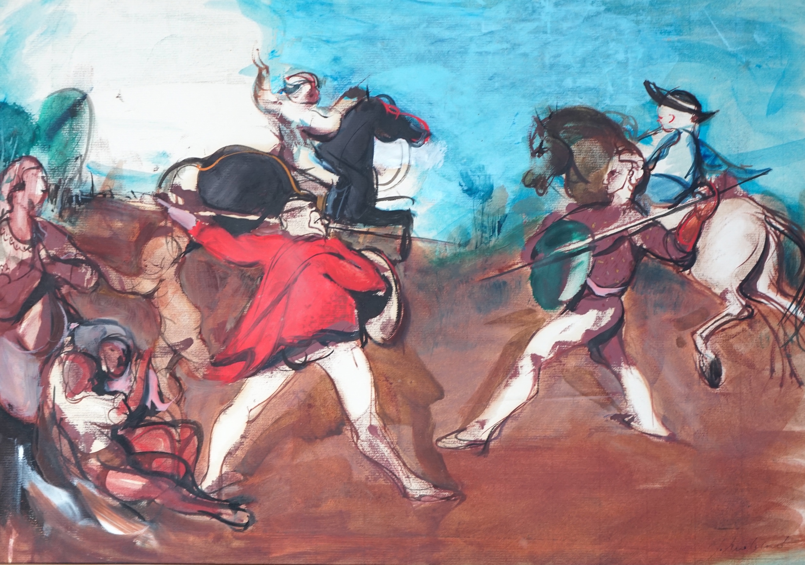 Jean Mablord (French, 1909-1978), ink and gouache on paper, Battle scene, signed in ink, 32 x 46cm